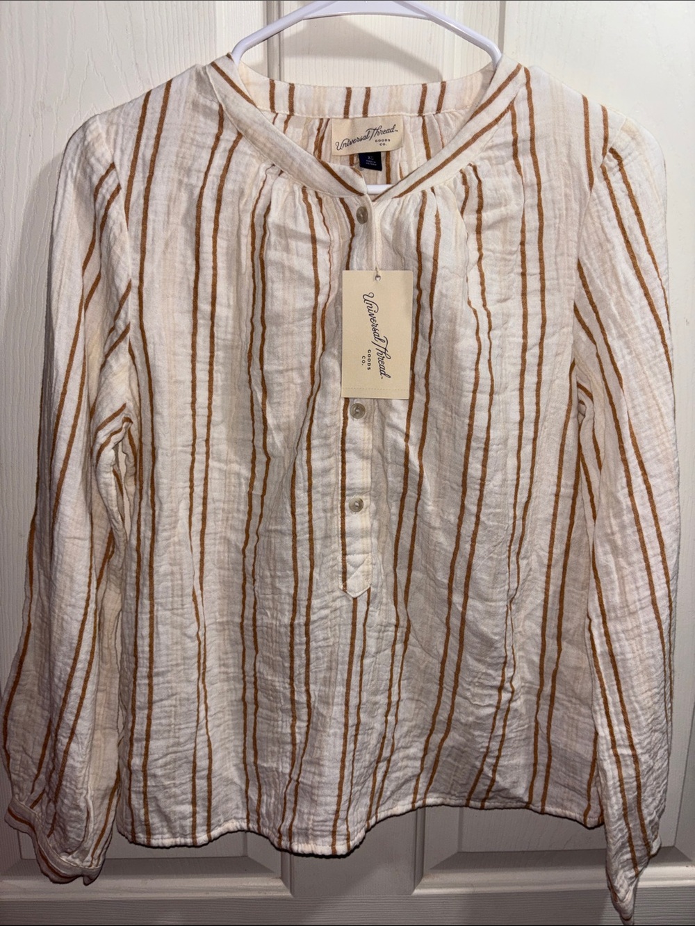 Universal Thread White Button-Front Shirt with Tan Stripes